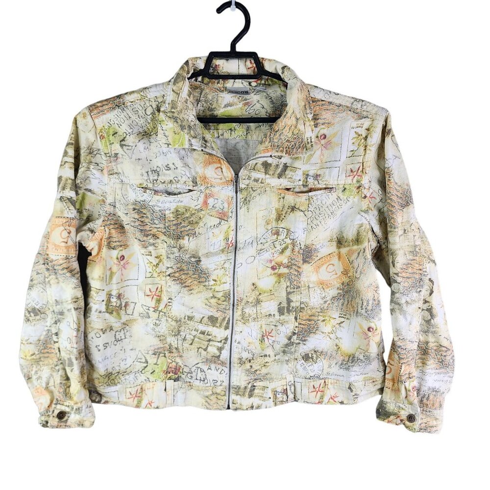 Womens Chicos Multicolor Linen Cotton Blend Jacket Full Zip Long Sleeve Size 3